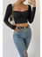 Kadın Siyah Uzun Kol Göğüs Dekolteli Şık Crop Top Bluz 5