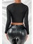 Kadın Siyah Göğüs Dekolteli Çapraz Askılı Uzun Kollu Crop Top Bluz 2