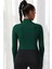Kadın Yeşil Uzun Kol Fermuarlı Parmak Geçme Detaylı Dik Yaka Crop Top Bluz 2