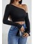 Kadın Siyah Tek Omuz Detaylı Uzun Kol Crop Top Bluz 4