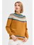 Kadın Sıfır Yaka Jakarlı Yün Kazak Hardal 1