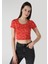 Slim Fit Yuvarlak Yaka Çiçekli Kadın Kirmizi Kısa Kol Tişört 1
