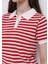 Slim Fit Polo Yaka Çizgili Kadın Kirmizi Kısa Kol Tişört 4