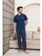 Erkek Penye Indigo Kısa Kollu Altı Ekoseli Pijama Takımı 2