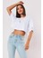 Beyaz %100 Pamuk Bisiklet Yaka Oversize Crop T-Shirt 2