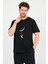 Unisex Siyah Önü Ay'da Salıncak Baskılı Bol Kesim Pamuklu Erkek Tshirt 1