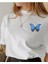 Blue Butterfly Baskılı Oversize Pamuk Penye Kumaş Beyaz Tshirt 1