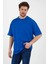 Pamuk Bisiklet Yaka Saks Mavi Oversize T-Shirt 2