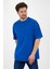 Pamuk Bisiklet Yaka Saks Mavi Oversize T-Shirt 3