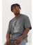 Unisex Oversize Taşlı Bisiklet Yaka T-Shirt - Füme 2