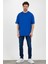 Pamuk Bisiklet Yaka Saks Mavi Oversize T-Shirt 4