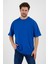 Pamuk Bisiklet Yaka Saks Mavi Oversize T-Shirt 5