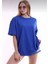 Unisex Pamuklu Saks Mavisi Bisiklet Yaka Oversize T-Shirt 1