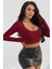 - Kadın Bordo Uzun Kol Kare Yaka Crop Top Bluz 5