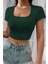 - Kadın Yeşil Yarım Kol Düz Yaka Crop Top Bluz 1