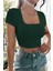 - Kadın Yeşil Yarım Kol Düz Yaka Crop Top Bluz 4