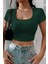 - Kadın Yeşil Yarım Kol Düz Yaka Crop Top Bluz 5