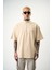 Erkek Be Kind Nakışlı Yarım Fermuarlı Oversize T-Shirt Bej 2