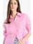 Yeni Sezon Oversize Geniş Kalıp Basic Düz Pembe Keten Uzun Kollu Gömlek 1