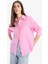 Yeni Sezon Oversize Geniş Kalıp Basic Düz Pembe Keten Uzun Kollu Gömlek 3
