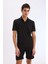 Slim Fit Dar Kesim Polo Yaka Dokulu Kısa Kollu Krinkıl Siyah Tişört E1222AX25SM 3