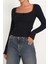 - Kadın Siyah Kare Yaka Dantelli Uzun Kollu Crop Top Bluz 5
