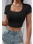 - Kadın Siyah Yarım Kol Düz Yaka Crop Top Bluz 1