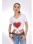 Kırmızı Kalp Detaylı Bağlamalı Beyaz Crop T-Shirt - Pia Velle 2