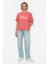 Everlee Sıcak Pembe Bisiklet Yaka Taş Yıkama Baskılı Loose Fit Kadın Tshirt 1