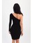 Tek Omuz Uzun Kollu Sandy Siyah Mini Elbise 2