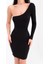Tek Omuz Uzun Kollu Sandy Siyah Mini Elbise 5