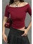 Bordo Madonna Yaka Kısa Kollu Crop Bluz 1