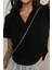 Siyah Oval Kesim V Polo Yaka Kısa Kollu Crop 2