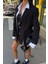 Uzun Kollu ve Düğme Kapamalı Kruvaze Yakalı Oversize Blazer Kadın Keten Ceket Siyah 1