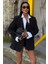 Uzun Kollu ve Düğme Kapamalı Kruvaze Yakalı Oversize Blazer Kadın Keten Ceket Siyah 4