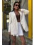 Uzun Kollu ve Düğme Kapamalı Kruvaze Yakalı Oversize Blazer Kadın Keten Ceket Ekru 1