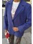Uzun Kollu ve Düğme Kapamalı Kruvaze Yakalı Oversize Blazer Kadın Keten Ceket Indigo 3