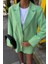 Uzun Kollu ve Düğme Kapamalı Kruvaze Yakalı Oversize Blazer Kadın Keten Ceket Mint Yeşili 2