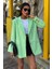 Uzun Kollu ve Düğme Kapamalı Kruvaze Yakalı Oversize Blazer Kadın Keten Ceket Mint Yeşili 5