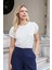 Kadın Modal Penye Geniş Sıfır Yaka Düşük Omuzlu Apoletli Kısa Kol T-Shirt Bluz-Krem 3