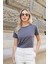 Kadın Kaliteli Modal Kumaş Sıfır Yaka Düğme Aksesuarlı Kısa Kol T-Shirt Bluz-Antrasit 3