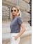 Kadın Kaliteli Modal Kumaş Sıfır Yaka Düğme Aksesuarlı Kısa Kol T-Shirt Bluz-Antrasit 4