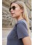 Kadın Kaliteli Modal Kumaş Sıfır Yaka Düğme Aksesuarlı Kısa Kol T-Shirt Bluz-Antrasit 5