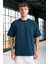 Iki Iplik Kumaş Pamuklu Bisiklet Yaka Basic Oversize Erkek T-Shirt - Prusya Mavisi 4