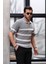 Yarım Fermuar Çizgili Oversize Triko T-Shirt - Gri 4