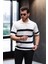 Yarım Fermuar Çizgili Oversize Triko T-Shirt - Beyaz 1