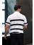 Yarım Fermuar Çizgili Oversize Triko T-Shirt - Beyaz 4