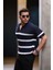 Yarım Fermuar Çizgili Oversize Triko T-Shirt - Lacivert 1