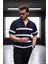 Yarım Fermuar Çizgili Oversize Triko T-Shirt - Lacivert 2