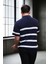 Yarım Fermuar Çizgili Oversize Triko T-Shirt - Lacivert 3